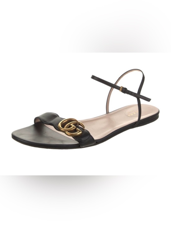 Gucci Shoes - Gucci Black Leather Flat Sandal with Gold Double GG
US 10/ EU 41